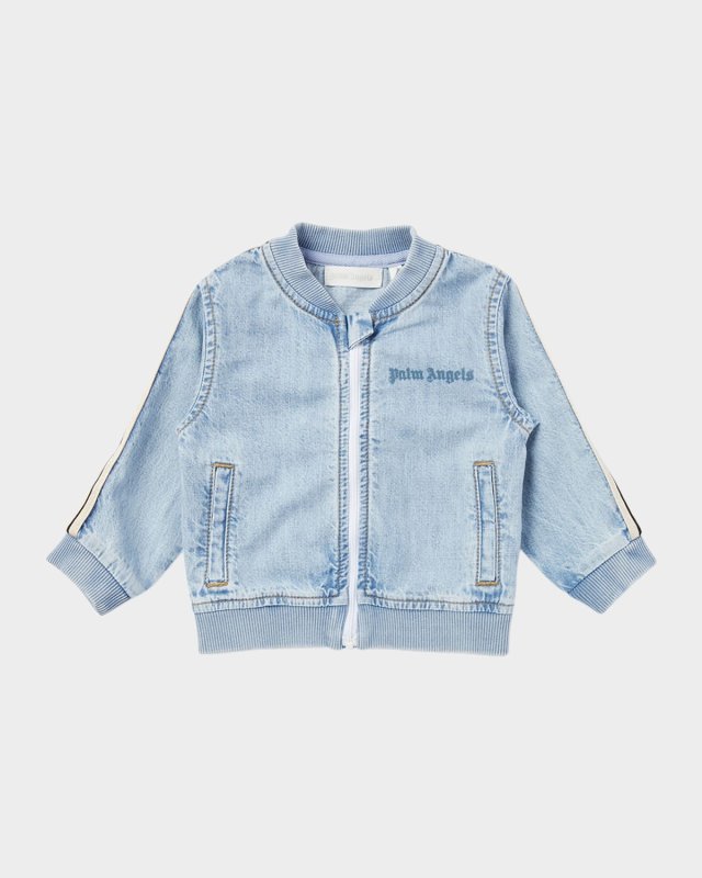 Boy's Striped-Trim Logo-Print Chambray Jacket, Size 3M-3